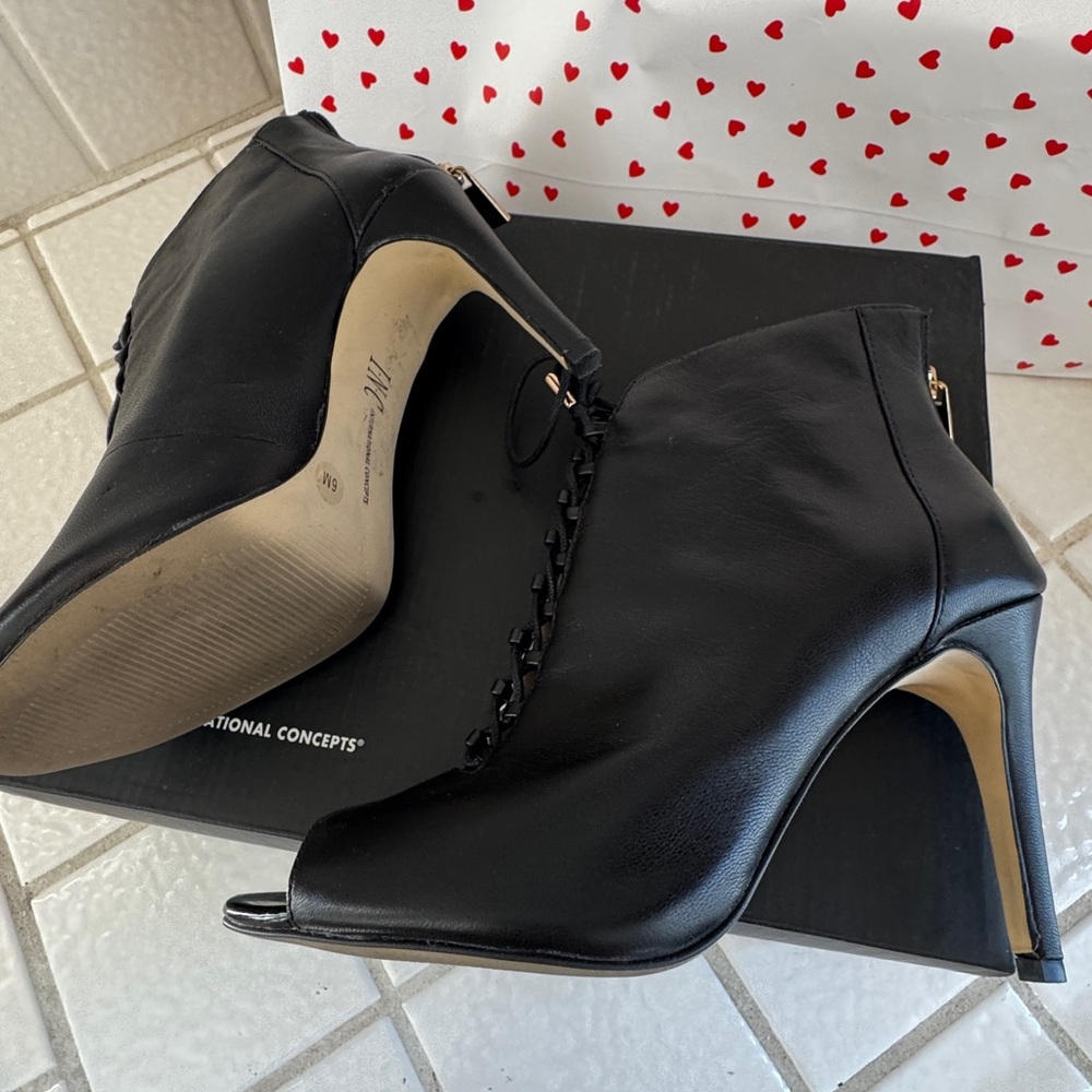 INC International Concepts Black Lace-Up Peep-Toe Stiletto Ankle Booties - Picture 6 of 7